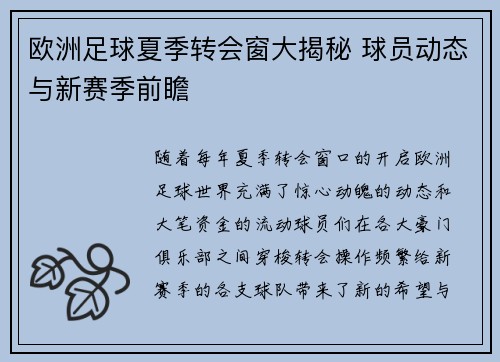 欧洲足球夏季转会窗大揭秘 球员动态与新赛季前瞻