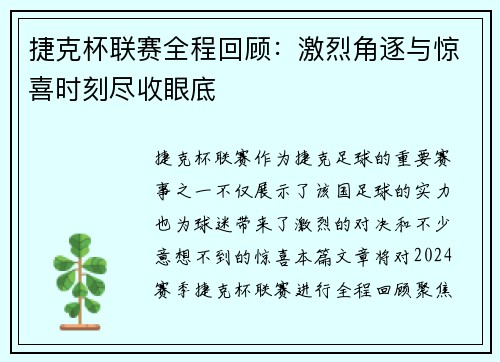 捷克杯联赛全程回顾：激烈角逐与惊喜时刻尽收眼底