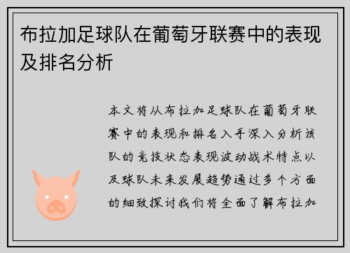 布拉加足球队在葡萄牙联赛中的表现及排名分析