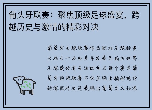 葡头牙联赛：聚焦顶级足球盛宴，跨越历史与激情的精彩对决